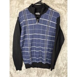 Studio by Omega 1/4 Zip Sweater Mens Medium Blue Plaid Knit Pullover Casual